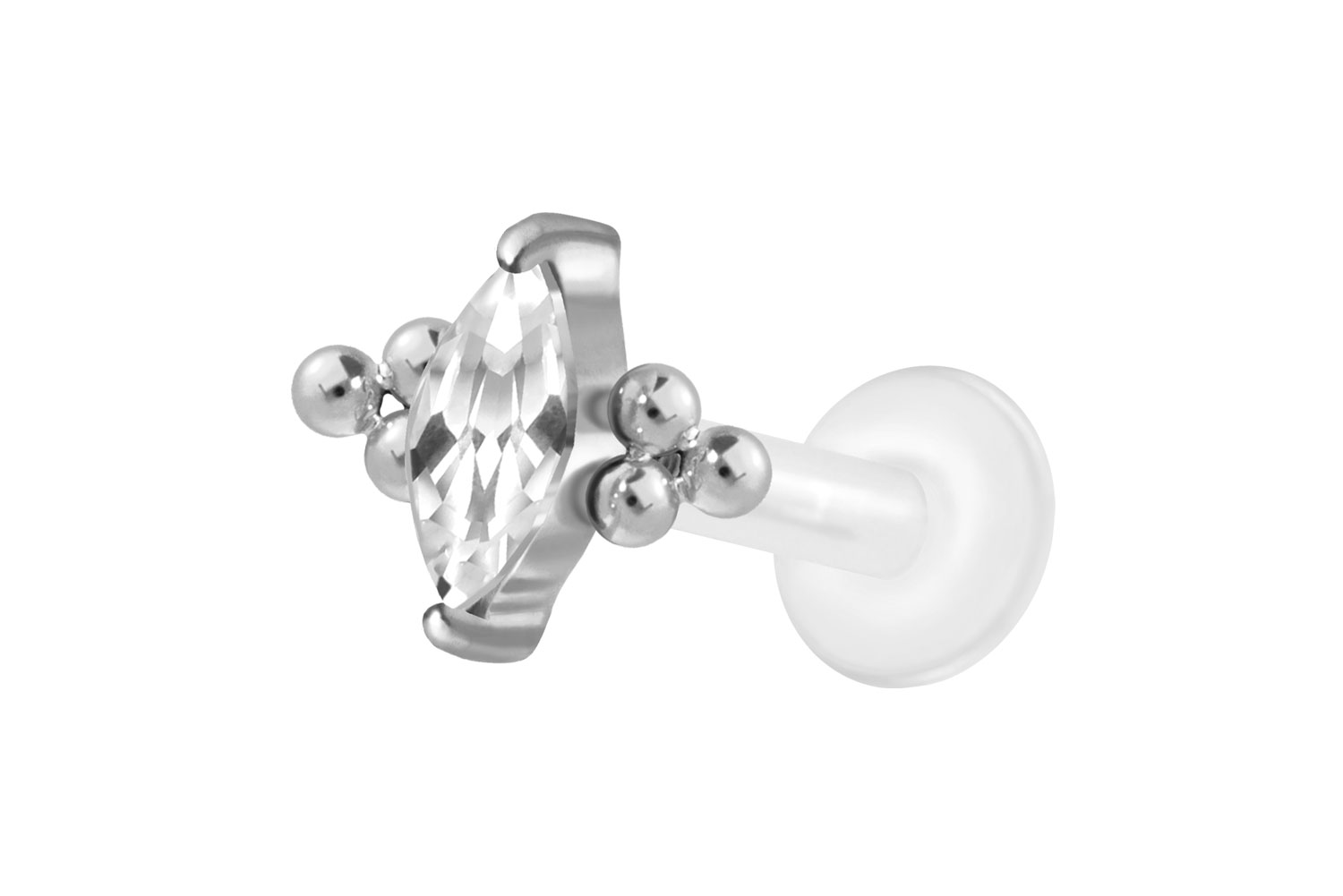 PTFE Labret Piercing mit Innengewinde + Titan-Aufsatz KRISTALLTROPFEN + 6 KUGELN